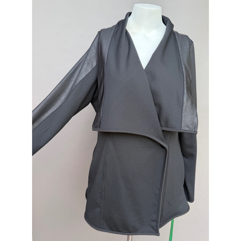DG2 Diane Gilman Black Drape Front Jacket L Faux Leather Trim Edgy Moto Blazer